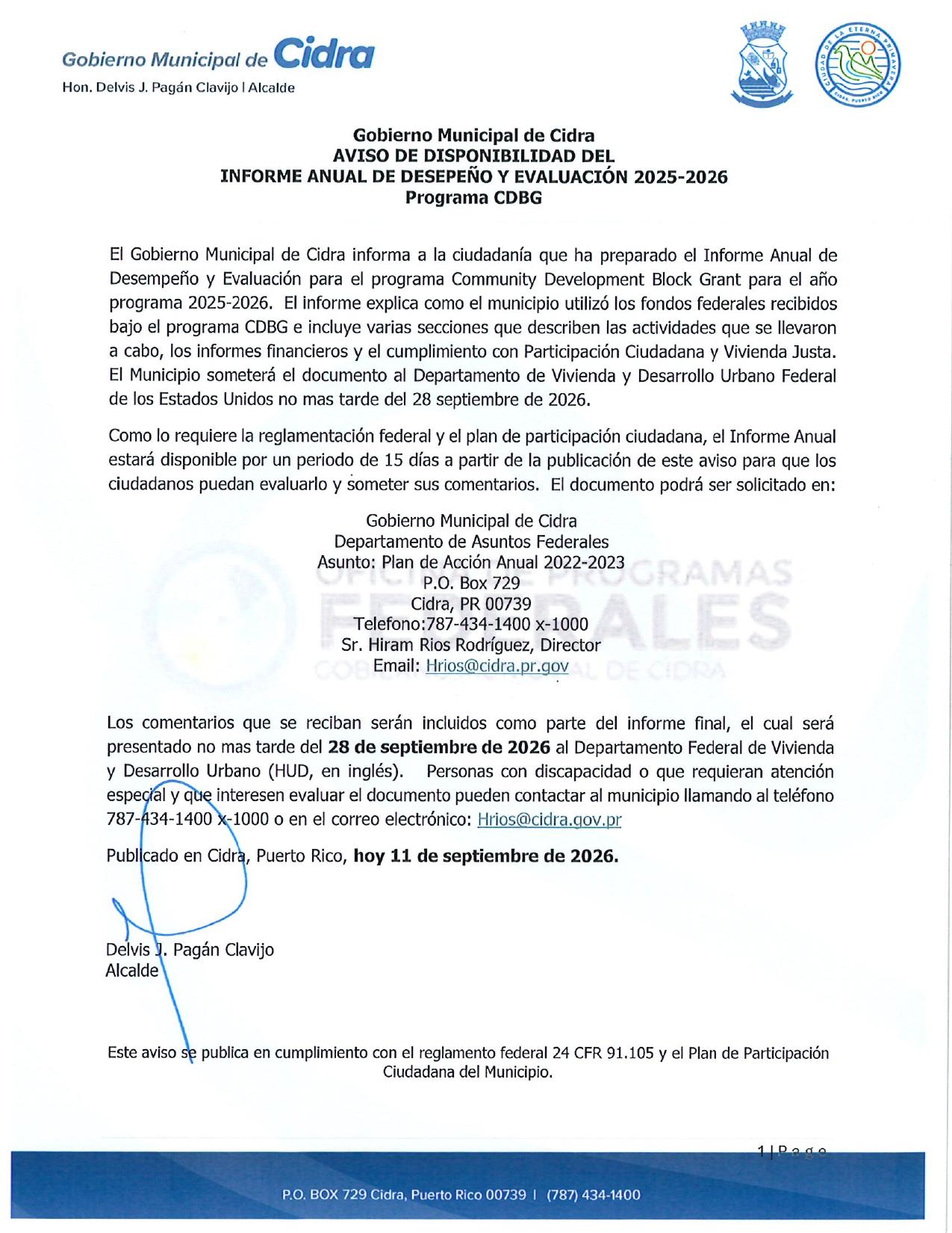 Aviso Público: Informe CAPER 2026 — Programa Federal CDBG