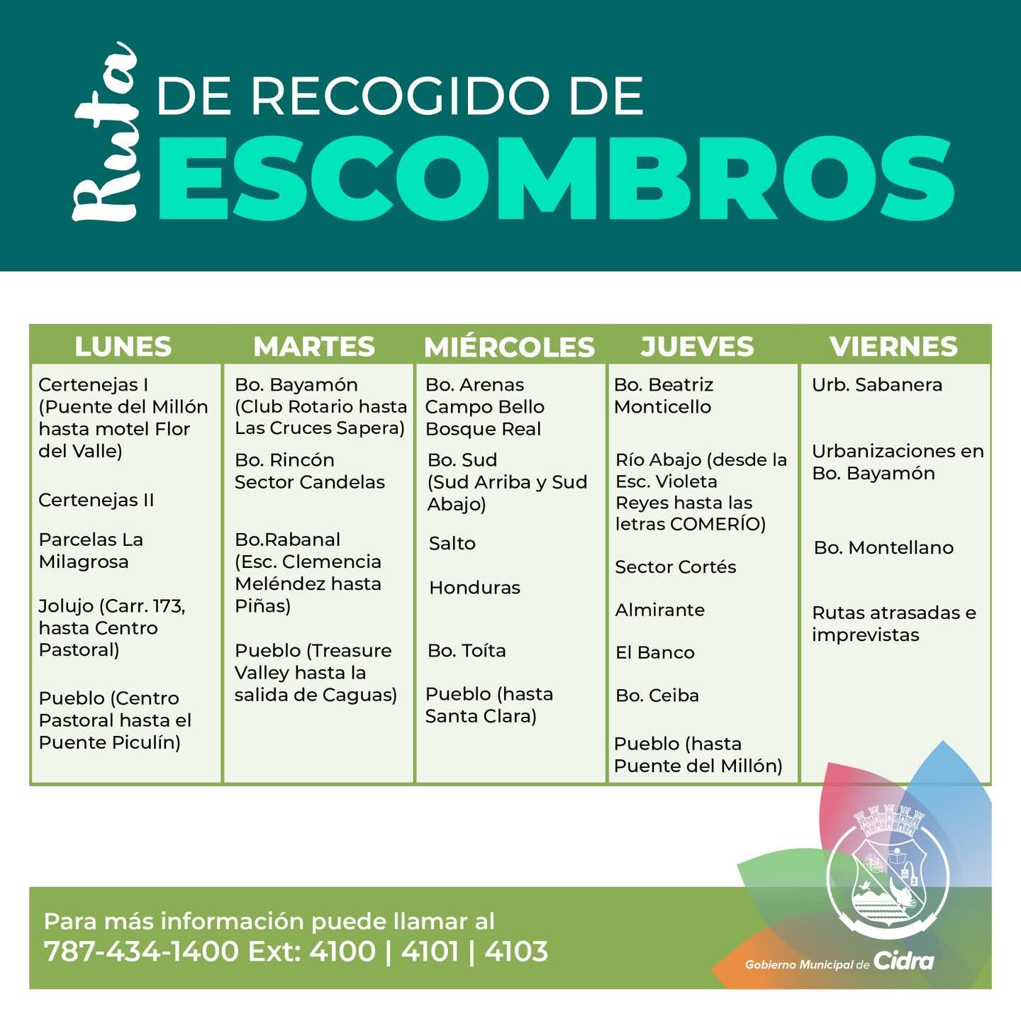 Ruta de Recogido de Escombros - Horario por días de la semana