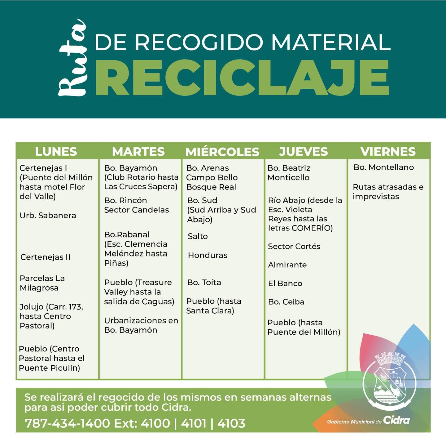Ruta de Recogido Material Reciclaje - Horario por días de la semana